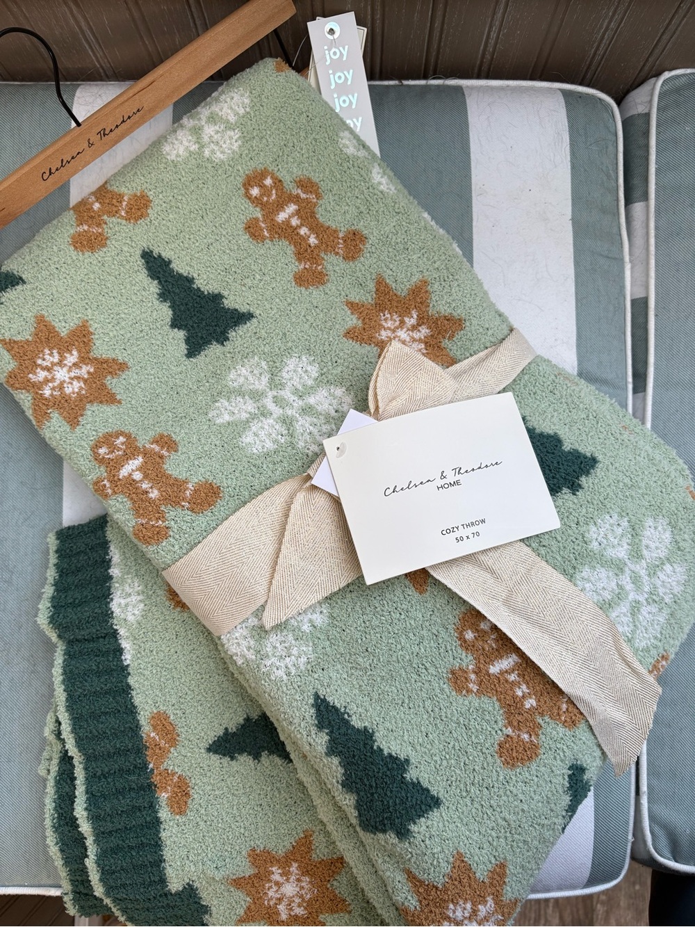 Chelsea & Theodore Holiday Throw Blanket in Sage Green with Gingerbread Motifs